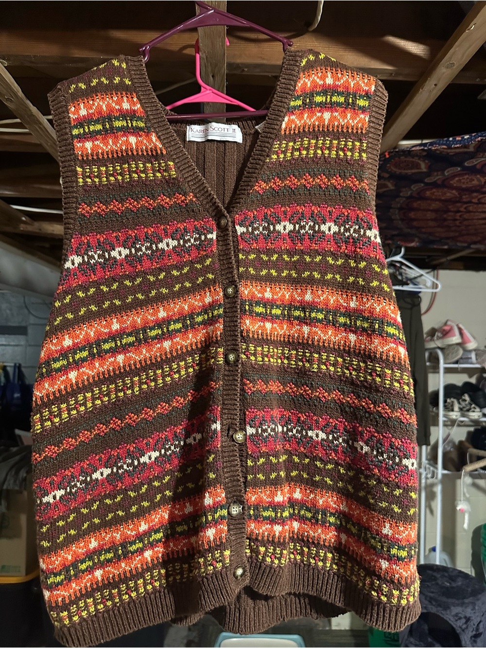Karen Scott Brown Fair Isle Knit Vest with Autumn Accents